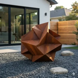 Eine große, geometrische Rostmetallskulptur in einem Kiesbett, eine auffällige und zeitgemäße Option für gartendeko figuren modern.