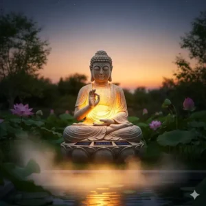 Eine friedvolle Buddha-Statue, eine weitere Option für Gartendeko Figuren Solar, leuchtet im Zen-Garten.