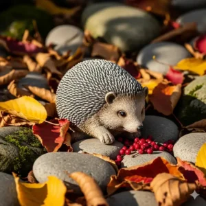 Eine niedliche Igelfigur, die sich als Teil der Gartendeko Figuren Tiere zwischen gefallenen Blättern und kleinen Steinen versteckt.