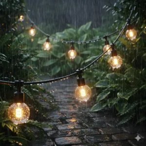 Eine wasserdichte Outdoor-Lichterketten-Installation, die ihre Langlebigkeit in einer regnerischen Gartenumgebung demonstriert.
