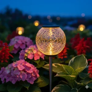 Eine Solar-Crackle-Glaskugel, die in einem Blumenbeet steckt und als leuchtende gartendeko solarleuchten das Licht einfängt.

