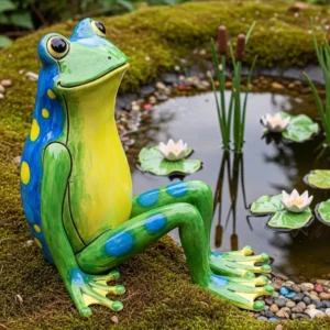Eine große, lebendige Keramikfigur eines Frosches, der an einem kleinen Teich sitzt.