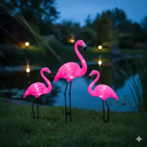 Drei leuchtende LED-Flamingo Gartenstecker als bunte Gartendeko LED Figuren am Teichufer