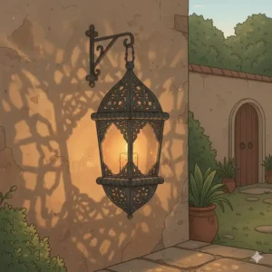 Eine orientalische Gartendeko Windlichter Metall mit kunstvollen Verzierungen, die faszinierende Schatten an eine Gartenmauer wirft.
