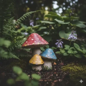 Eine Gruppe handbemalter Keramikpilzfiguren mit verblassten Farben, die eine verspielte gartendeko figuren vintage darstellen.