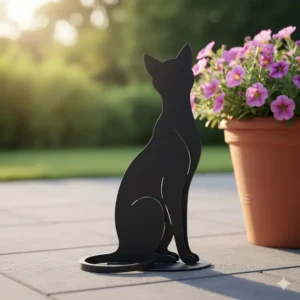 Eine elegante, minimalistische Gartendeko Figur aus Metall, eine schwarze Katze, die anmutig auf einem Terrassenstein sitzt.