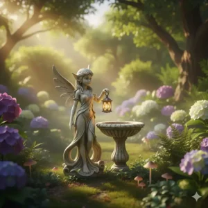 Eine anmutige, kleine Elfenfigur aus Stein, die neben einem kleinen Vogelbad steht und der Gartendekoration einen Hauch von Zauber verleiht.