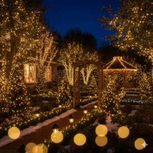 Ein Garten, der mit festlichen Lichterketten zu Weihnachten geschmückt ist und Weihnachtsstimmung in den Außenbereich bringt.

