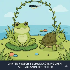 Ein Set aus Keramikfiguren, bestehend aus einem lächelnden Frosch und einer kleinen Schildkröte. Diese niedlichen gartendeko figuren amazon bestseller sind ideal für Teiche.
