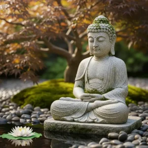 Eine ruhige Steinbuddha-Statue, ideal zur Schaffung eines friedlichen und spirituellen Bereichs mit Gartendeko Figuren aus Stein.