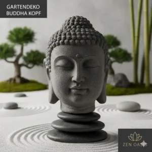 Eine stilvolle Skulptur eines Kopfes, die als Gartendeko Figuren Buddha aus Stein einen modernen Akzent setzt.