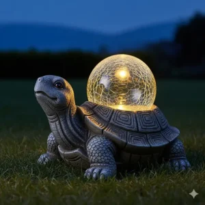 Eine Schildkröte mit einer leuchtenden Glaskugel, eine originelle Gartendeko Figuren Solar.