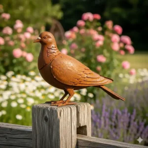 Eine rostige Metallvogelfigur auf einem Zaunpfosten, eine rustikale Ergänzung zu den Gartendeko Figuren Tiere.