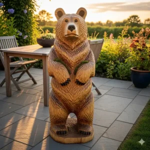 Eine geschnitzte Holzfigur eines Bären, die prominent auf einer Terrasse steht.