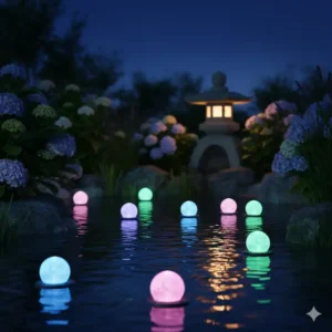 Schwimmende Solarleuchten auf einem kleinen Gartenteich, die einen atemberaubenden visuellen Effekt als gartendeko solarleuchten erzeugen.

