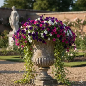 Eine große, geriffelte Beton-Urne mit alter Textur, die als Pflanzgefäß für eine beeindruckende gartendeko figuren vintage dient.