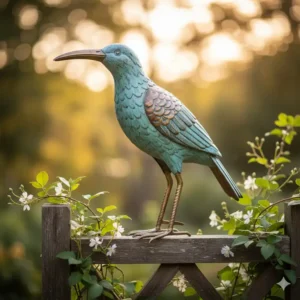 Eine dekorative Gartendeko Figur aus Metall, ein Vogel mit Patina, der auf einem Spalier sitzt.