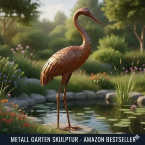 Eine kunstvolle Metallskulptur eines Kranichs, die neben einem Gartenteich steht. Diese elegante gartendeko figuren amazon bestseller ist ein Blickfang.
