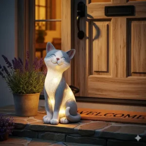  Eine freundliche Katzenfigur, eine der vielseitigen Gartendeko Figuren Solar, die den Eingangsbereich erhellt.