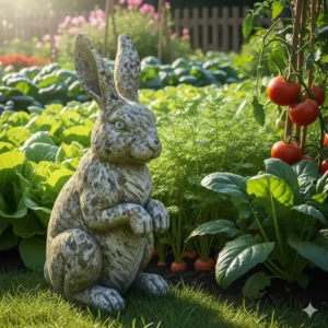 Eine Steinhasefigur mit antikem Finish, die friedlich in der Nähe eines Gemüsebeets sitzt und zur Sammlung der Gartendeko Figuren Tiere gehört.