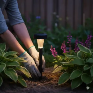 Nahaufnahme einer Person, die eine Solar-Gartenleuchte in den Boden steckt, um die gartendeko solarleuchten zu installieren.