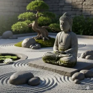 Eine schwere Betonstatue eines meditierenden Buddhas, die in einem Zen-Garten platziert ist.