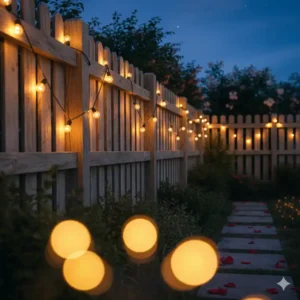 Kreative Gartendeko mit Lichterketten, die einen Holzzaun schmücken und dem Gartenumfang einen charmanten Glanz verleihen.