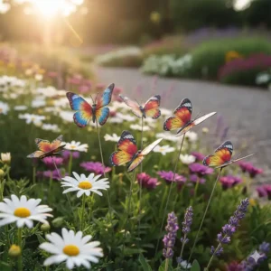 Eine Gruppe winziger, bunter Schmetterlingsfiguren, die an Metallstäben befestigt sind und aussehen, als würden sie zwischen den Blumen flattern.
