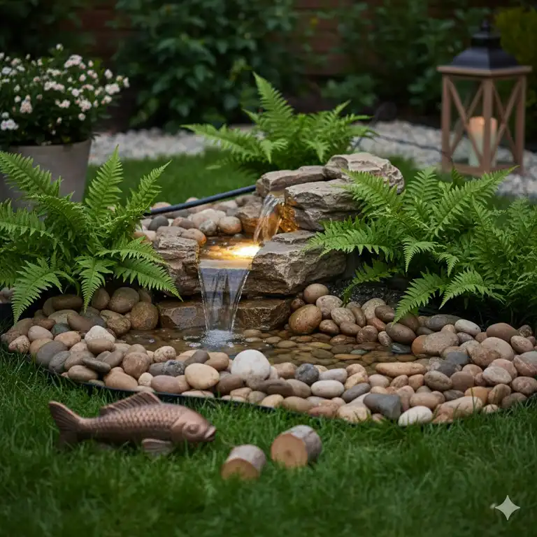 Gartendeko Bachlauf Set für den Garten, komplett mit Pumpe und natürlicher Steinoptik.