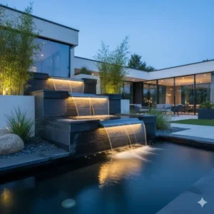 Moderner Gartendeko Wasserfall Garten als stilvolles Highlight im modernen Außenbereich.