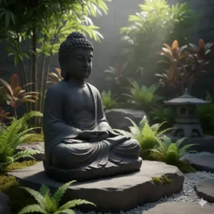Meditative Buddha Figur aus massivem Naturstein als langlebige gartendeko stein natur für den asiatischen Garten.