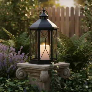 Elegante schwarze Metall-Laterne als Gartendeko Kerzenhalter Outdoor auf einem Steinsockel im Blumengarten.