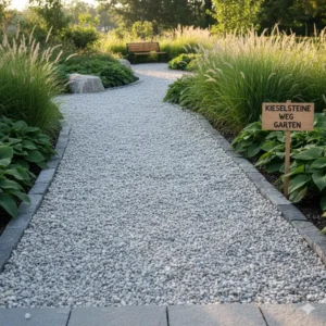 Ein einfacher und pflegeleichter Gartenweg, angelegt mit flachen, dunklen Gartendeko Kieselsteine.