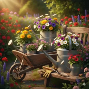 Upcycling-Idee für Gartendeko Sommer Ideen: Alte Gießkannen als dekorative Pflanzgefäße.