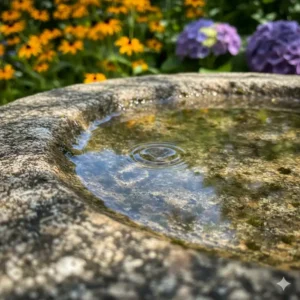 Nahaufnahme eines gartendeko vogelbad stein gefüllt mit frischem Wasser.
