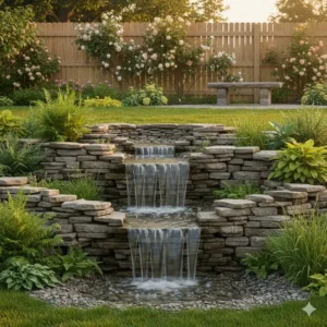 Kleiner Gartendeko Wasserfall Garten aus Natursteinen in einer idyllischen Landschaft.