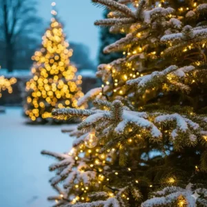 Nahaufnahme eines Tannenbaums mit warmweißen Gartendeko Weihnachten Lichter im Vorgarten.