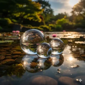 Schwimmende Glaskugeln als gartendeko wasser kugeln auf einem Gartenteich.