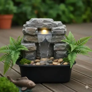 Kleiner Gartendeko Bachlauf Set mit integriertem Mini-Wasserfall, ideal für Terrassenbereiche.