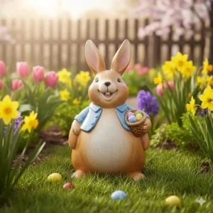 Detailaufnahme einer Osterhase Gartendeko Ostern Figuren mit Korb auf der Wiese.