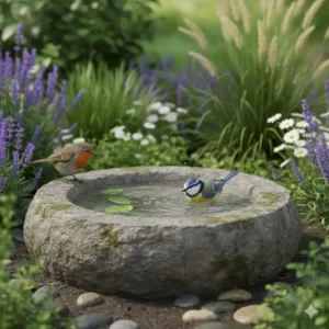 Stein-Gartendeko Wasserschale als Vogeltränke.