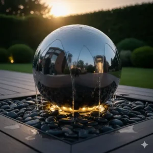 Große beleuchtete gartendeko wasser kugeln aus Edelstahl für den Abend.