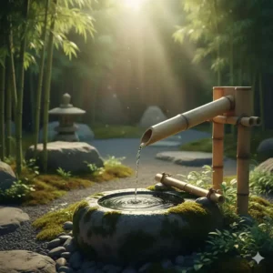 Traditionelle Gartendeko Bambus Deko in Form einer klappernden Wasserwippe (Shishi Odoshi).