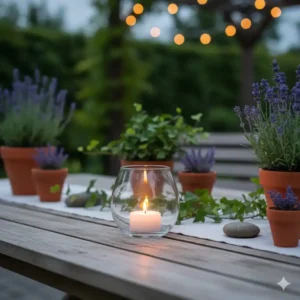 Gemütliche Gartendeko Kerzenhalter Outdoor Teelicht-Arrangement auf einem Holztisch mit Lavendel und Efeu.