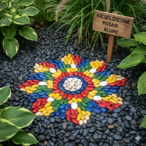 Handgemachtes farbiges Mosaik aus Gartendeko Kieselsteine in Form einer Spirale oder Blüte.