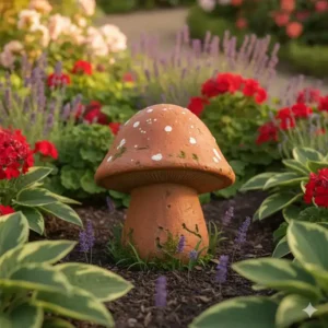 Detailbild einer kleinen Pilz-Figur, die Teil der gartendeko terrakotta figuren Kollektion ist.