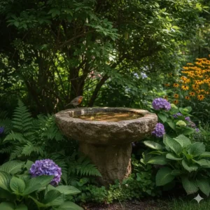 Rustikales gartendeko vogelbad stein im angenehmen Schatten platziert.