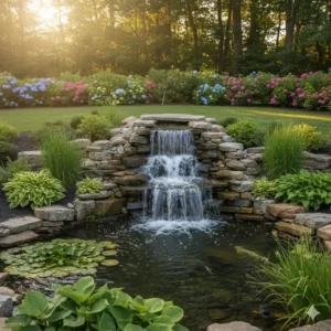 Harmonischer Gartendeko Wasserfall Garten, der in einen Teich mündet.