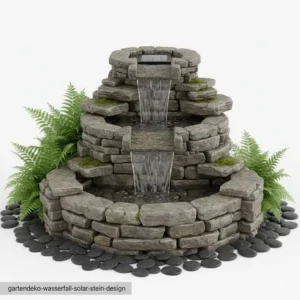 Rustikale Gartendeko mit Solar-Wasserfall im Stein-Design.