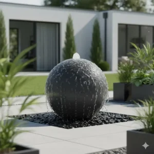 Grauer Kugelbrunnen als stilvolle gartendeko wasserspiel modern für den Vorgarten.